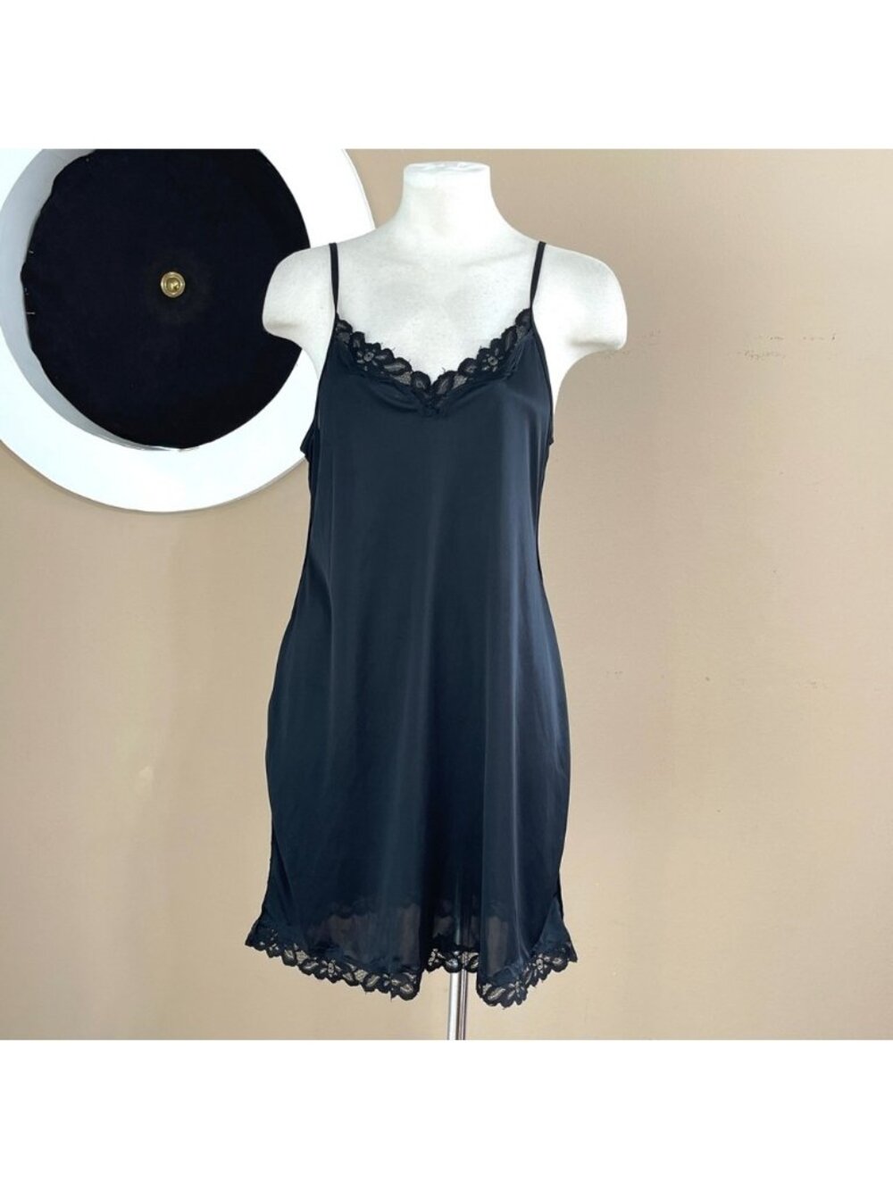Vintage Black Lingerie Slip with Lace Trim – Adjustable Straps – Fits Small
